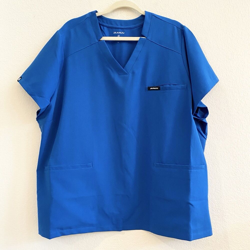 Jaanuu Women's Blue Scrub Top 3-Pocket Short Sleeve Shirt size 2X Pockets